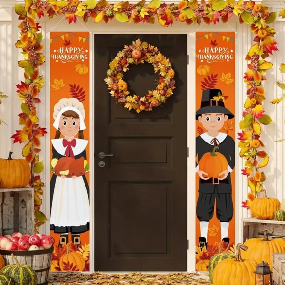 Source Unknown Other - 1Pair Thanksgiving Pilgrim Boy And Girl Front Porch Door Sign